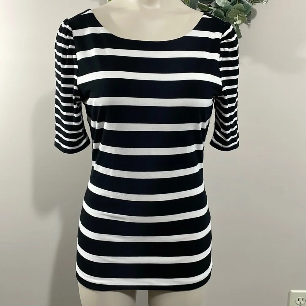 WHBM Black and White Striped Short Sleeve Scoop Back Detail Top XS